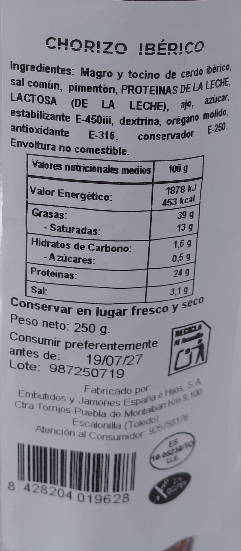 Chorizo Ibérico 250 g aprox. SECRETO TERRA Estuchado