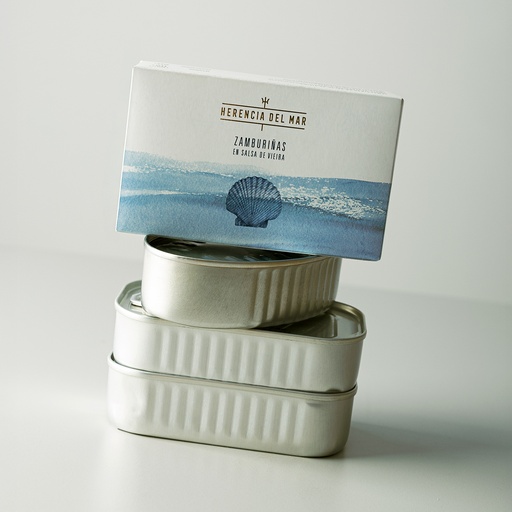 [8ZHM] Lata Zamburiñas en Salsa de Vieira 10/14 Piezas OL-120 HERENCIA DEL MAR (Rías Gallegas) Gourmet